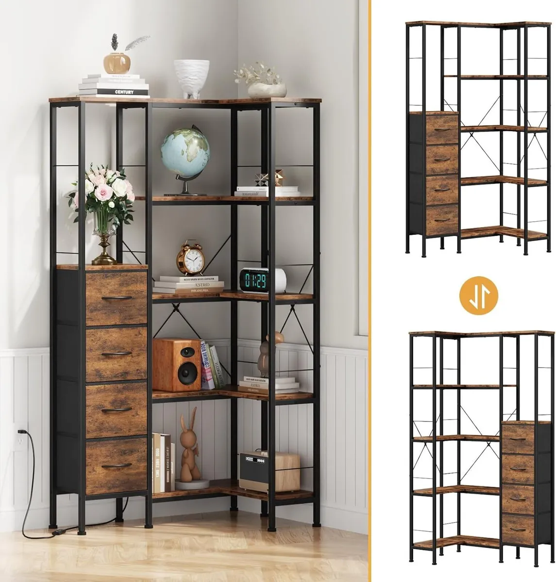 Corner Bookshelf Unit with 4 Fabric Drawers LED - Image 4