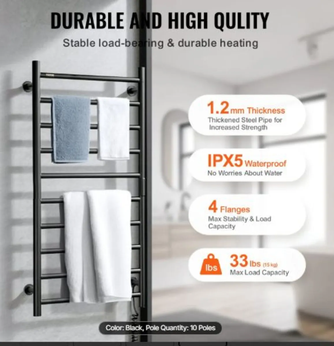 10 Bars Towel Warmer Rack, Wall Mounted Heated - Image 2