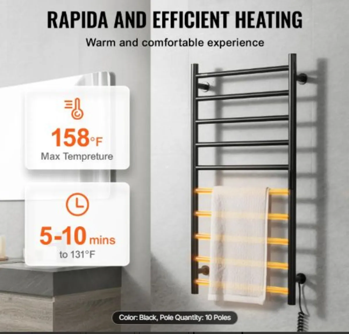 10 Bars Towel Warmer Rack, Wall Mounted Heated - Image 3