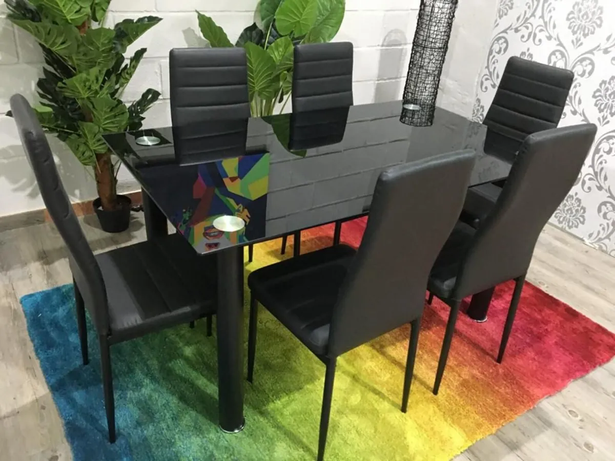 Black Glass Dining Table Set Seats 6 in Style! - Image 1