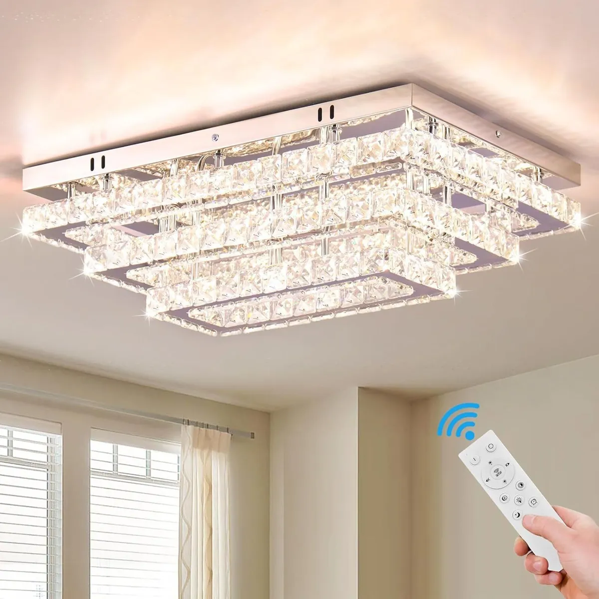 20in Dimmable Crystal LED Ceiling Light Remote - Image 1