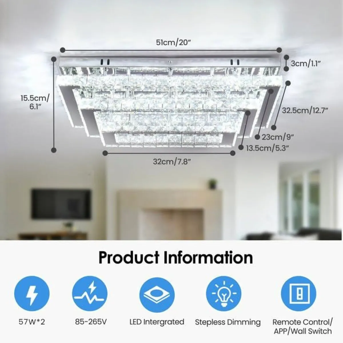 20in Dimmable Crystal LED Ceiling Light Remote - Image 3
