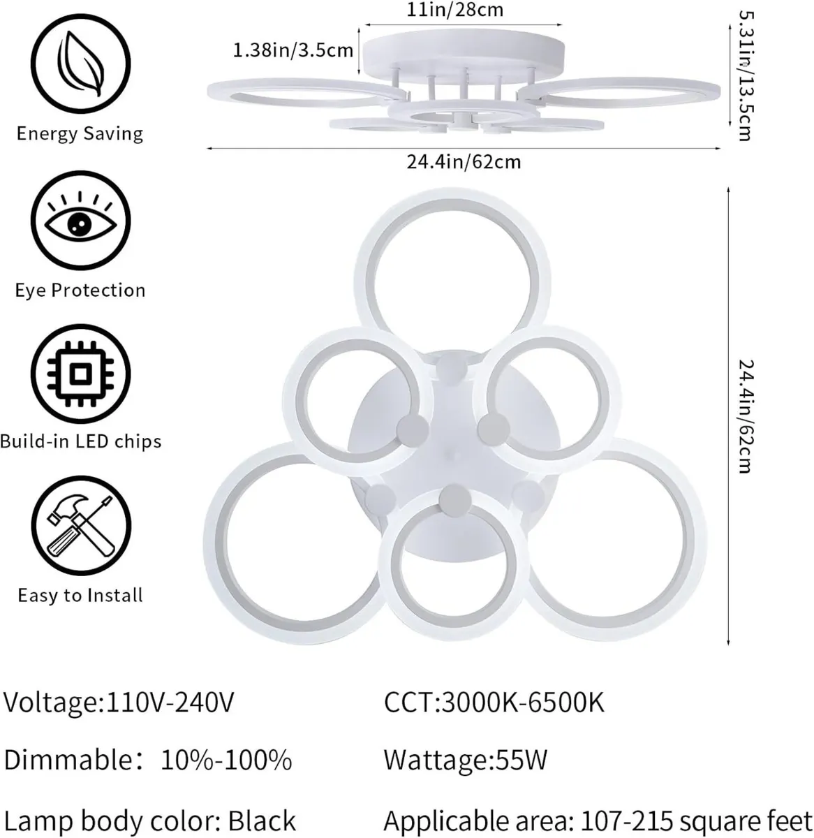 Modern LED Ceiling Light 6 Rings Dimmable - Image 2