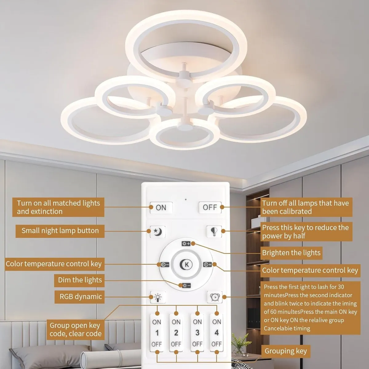 Modern LED Ceiling Light 6 Rings Dimmable - Image 3