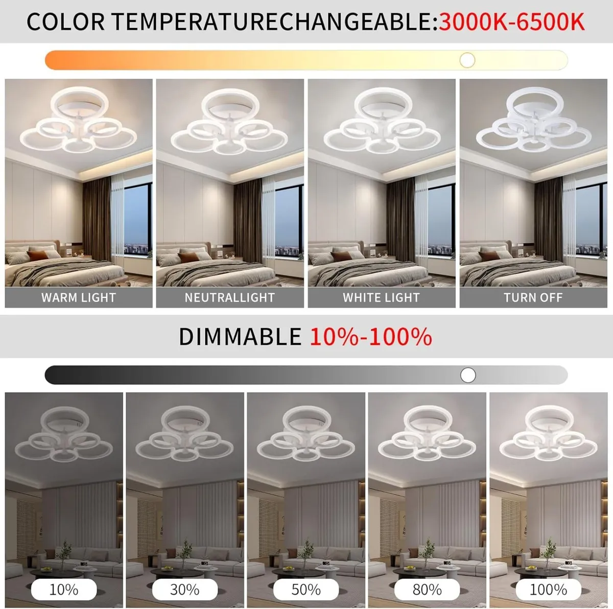 Modern LED Ceiling Light 6 Rings Dimmable - Image 4