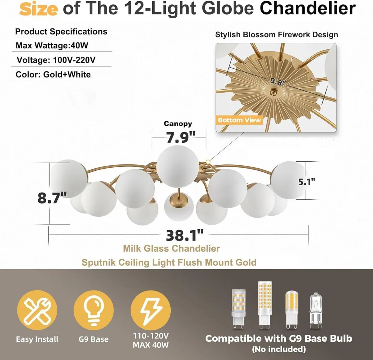12-Light Modern Brass Ceiling Light Glass Globe - Image 2