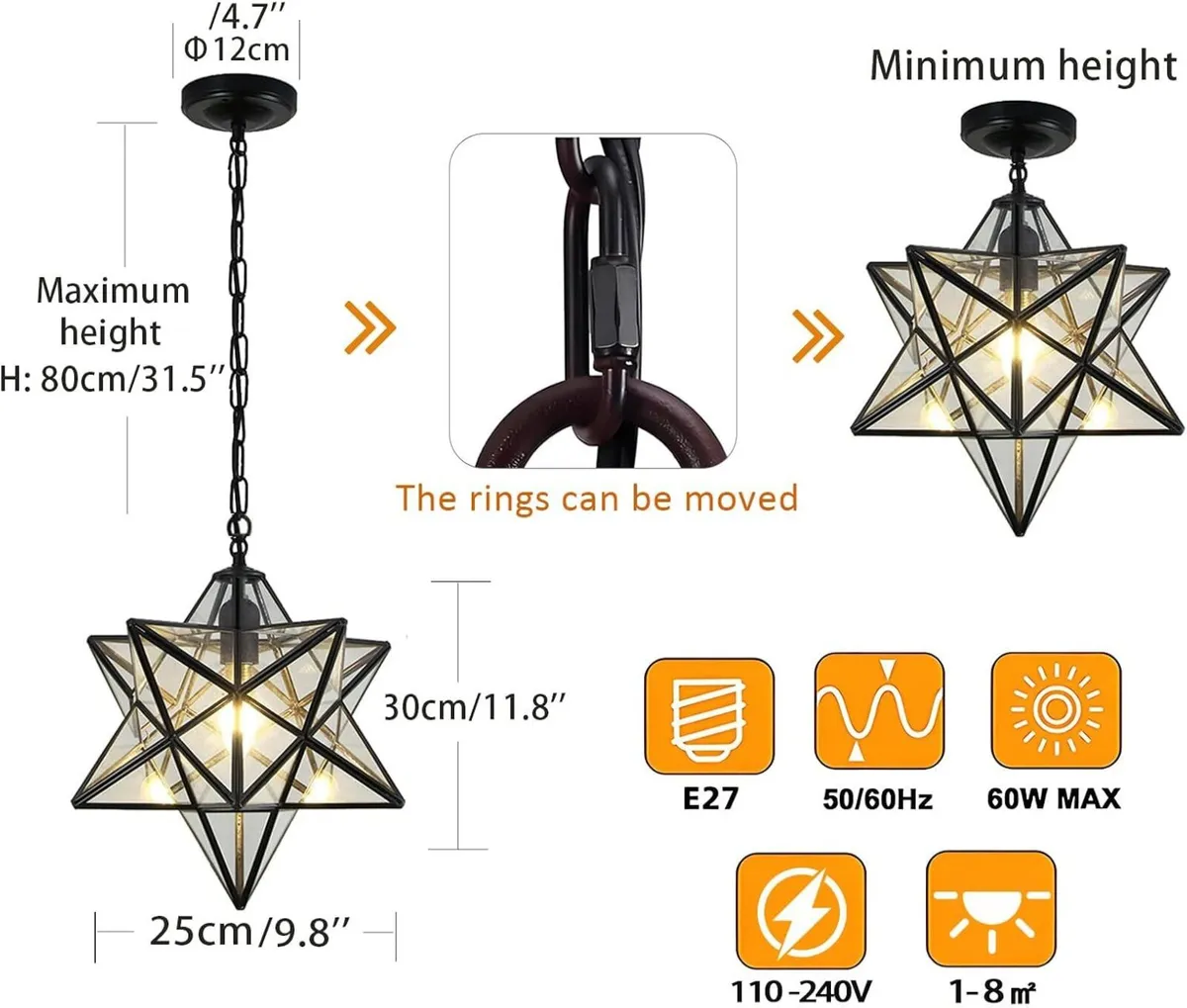 Vintage Star Pendant Metal Clear Glass Shade - Image 2