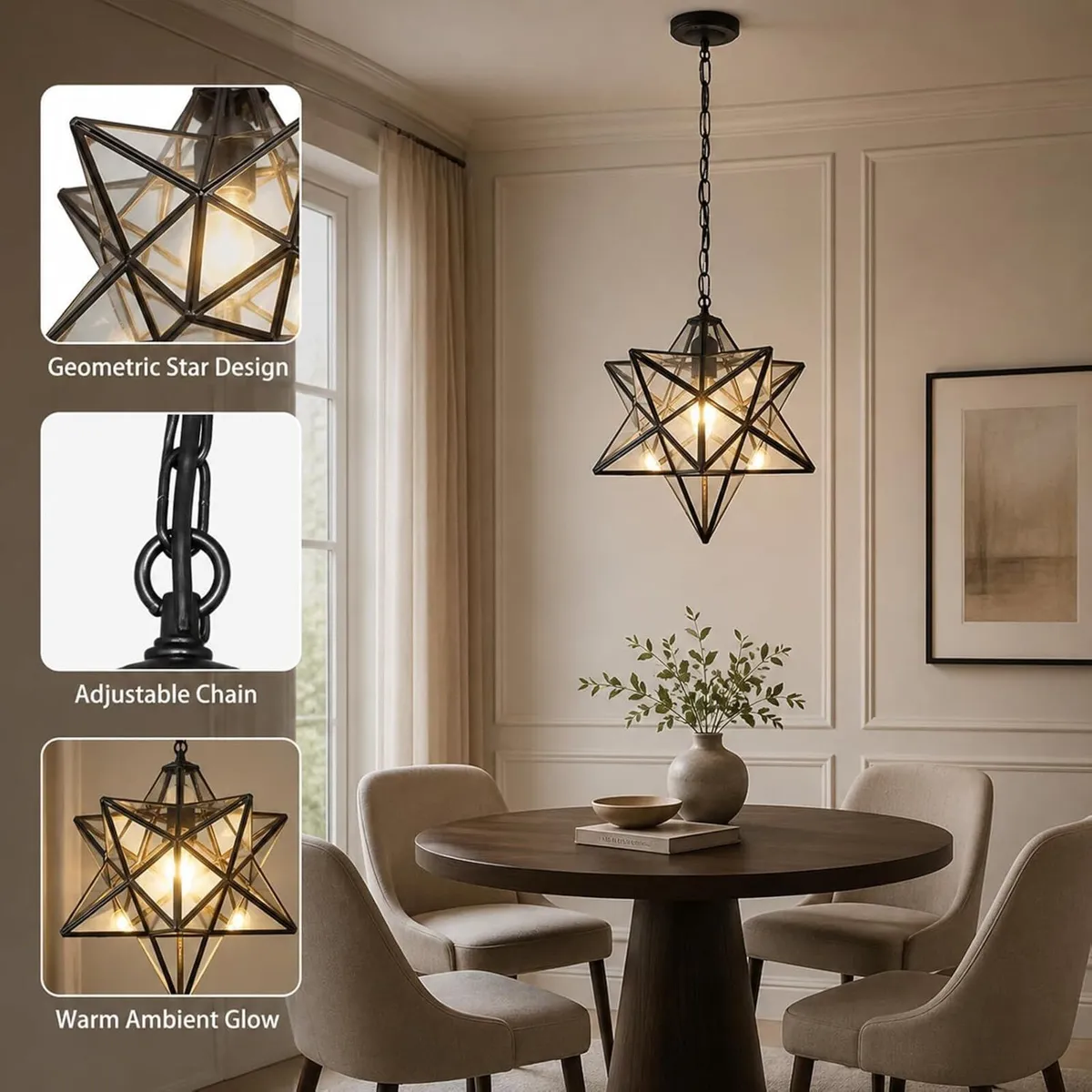 Vintage Star Pendant Metal Clear Glass Shade - Image 3