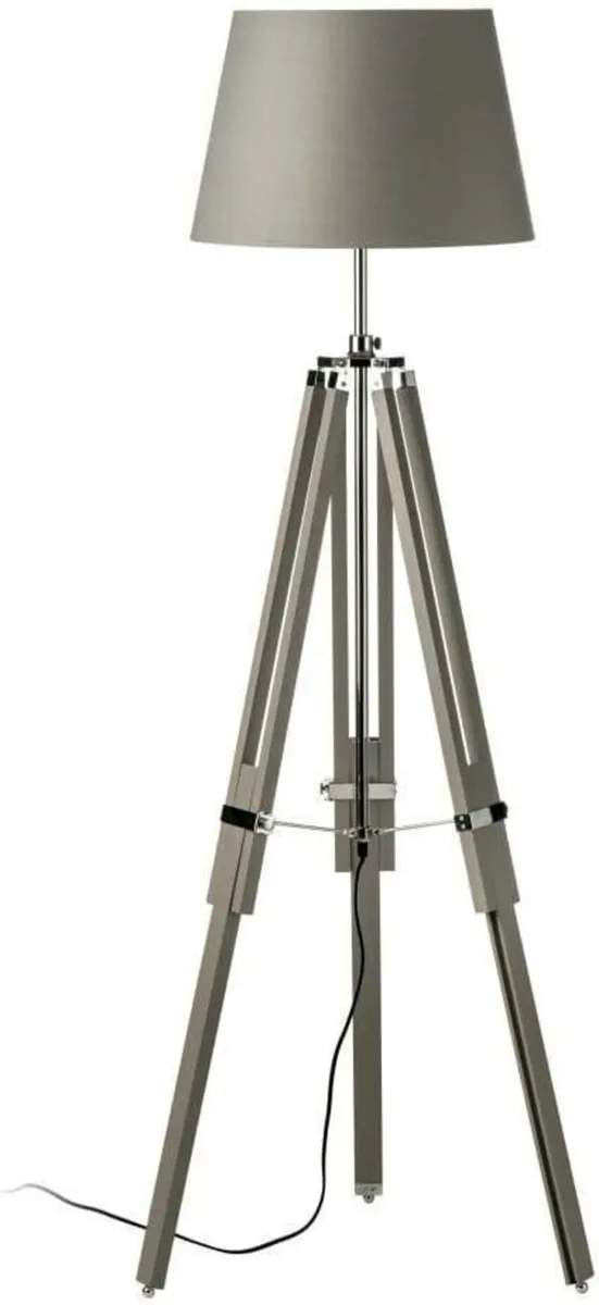 Wood and Chrome Tripod Floor Standing Lamp