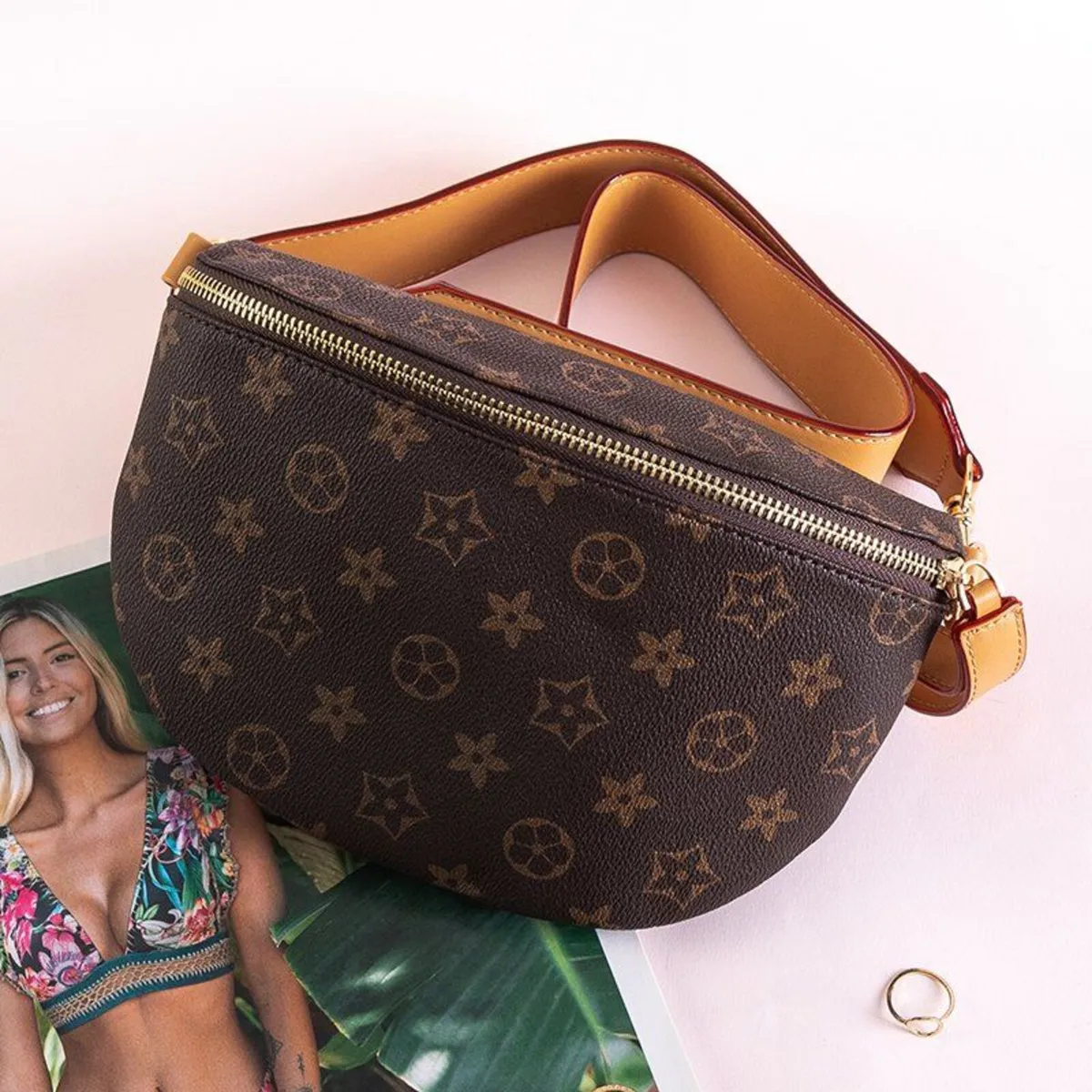 Brown patterned kidney bag - Image 1