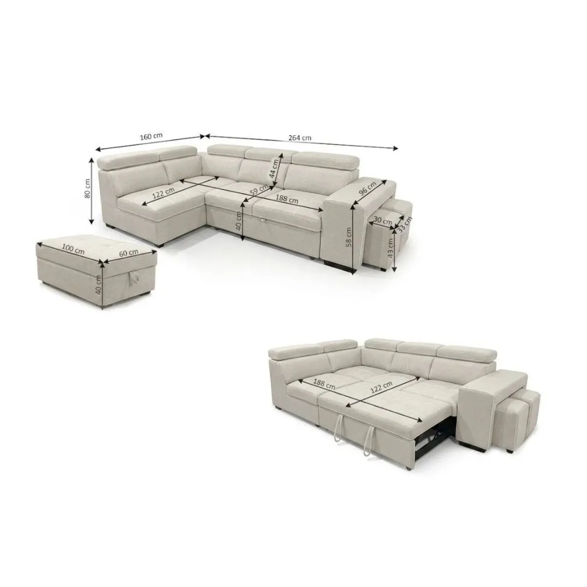 🤎 Beige Corner Sofa Bed + Storage + Footstool - Image 4