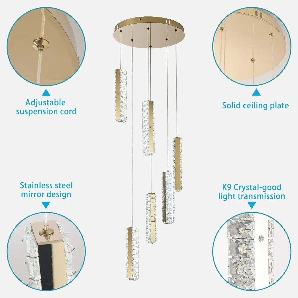 6-Light Raindrop Crystal Pendant Light Dimmable - Image 3