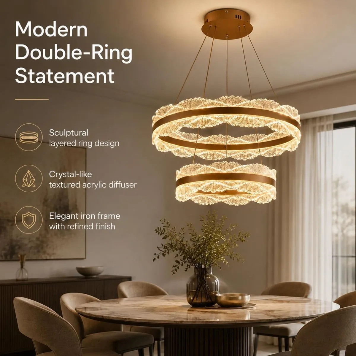 2 Ring LED Chandelier Ceiling Light Dimmable - Image 2