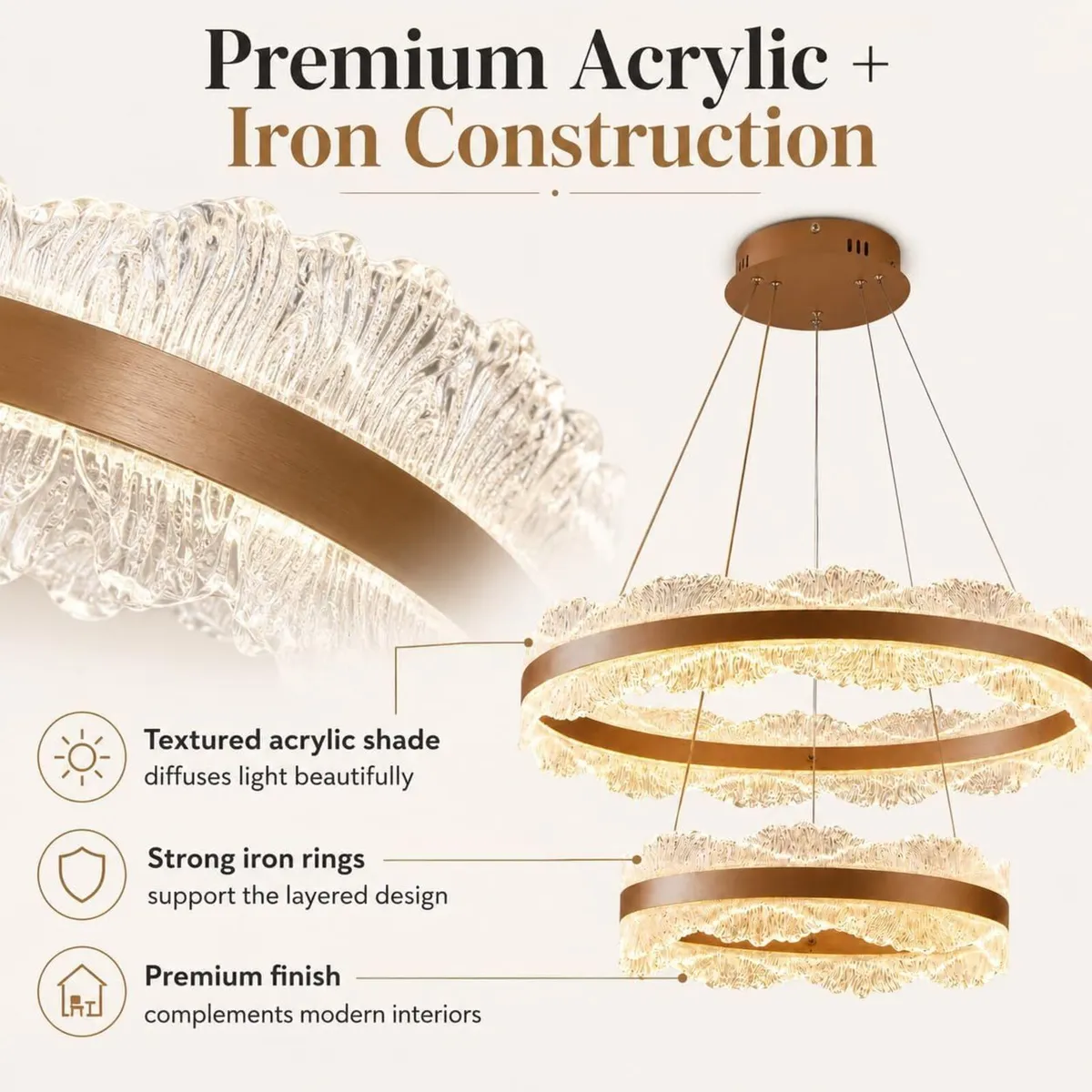 2 Ring LED Chandelier Ceiling Light Dimmable - Image 3