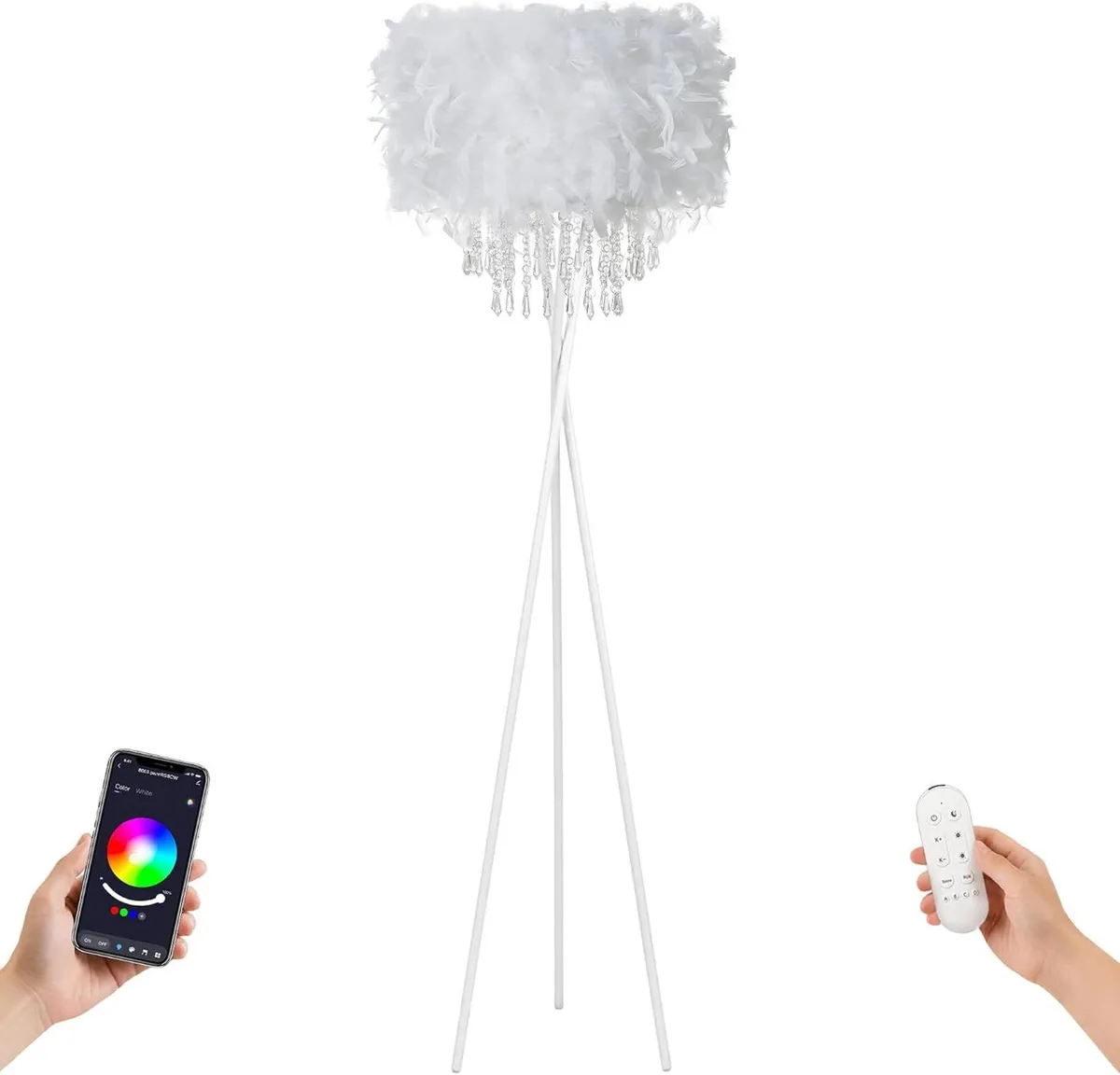 Smart Tripod Floor Lamp with Feather Shade Acrylic - Image 1