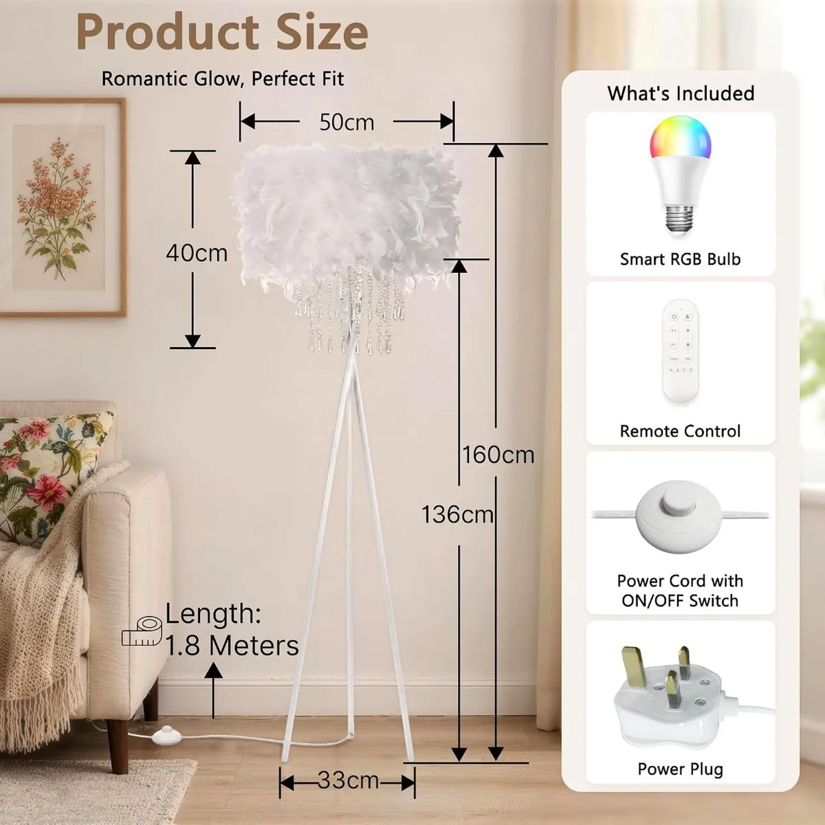 Smart Tripod Floor Lamp with Feather Shade Acrylic - Image 2