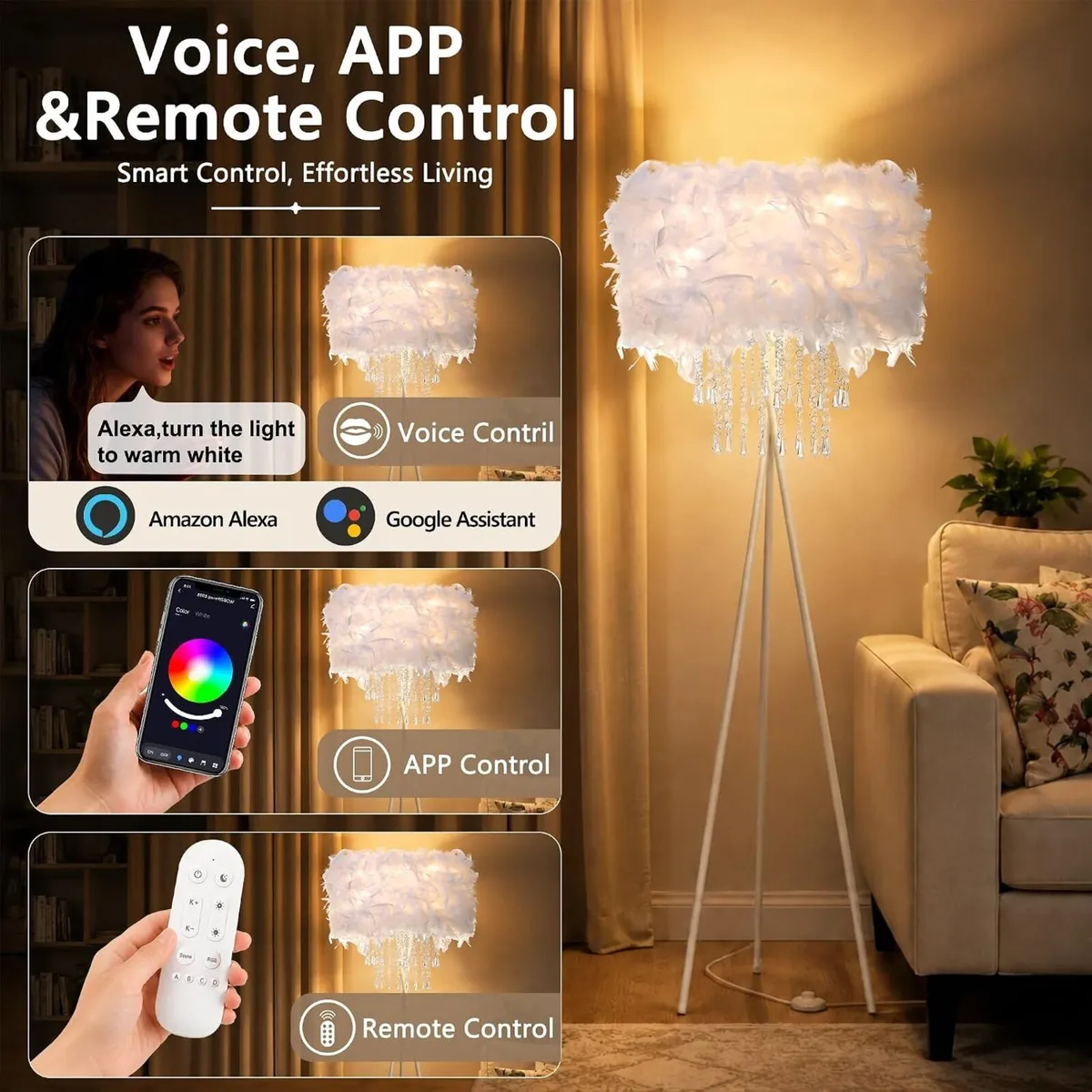 Smart Tripod Floor Lamp with Feather Shade Acrylic - Image 3