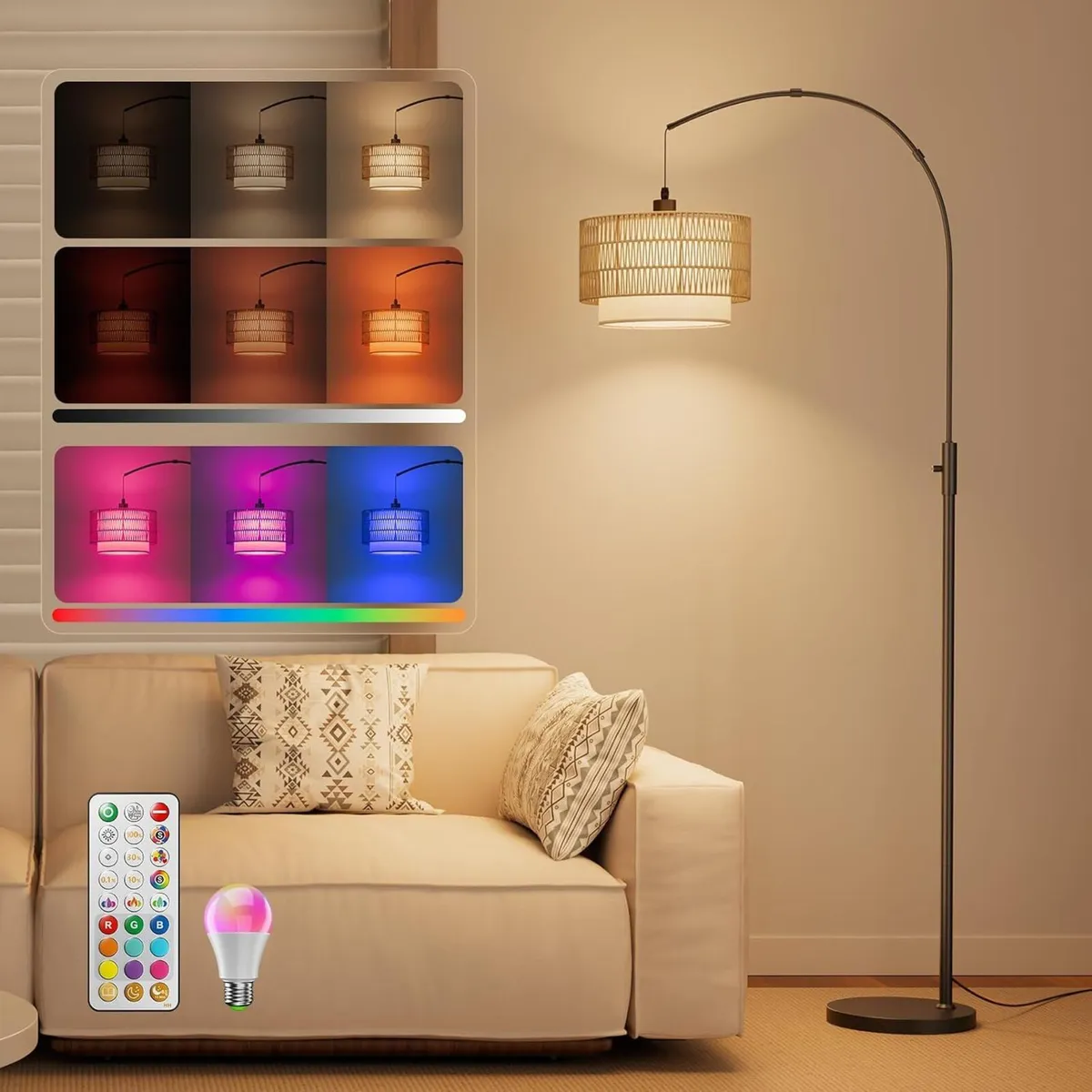 Boho Rattan Arc Floor Lamp 180CM RGB - Image 1