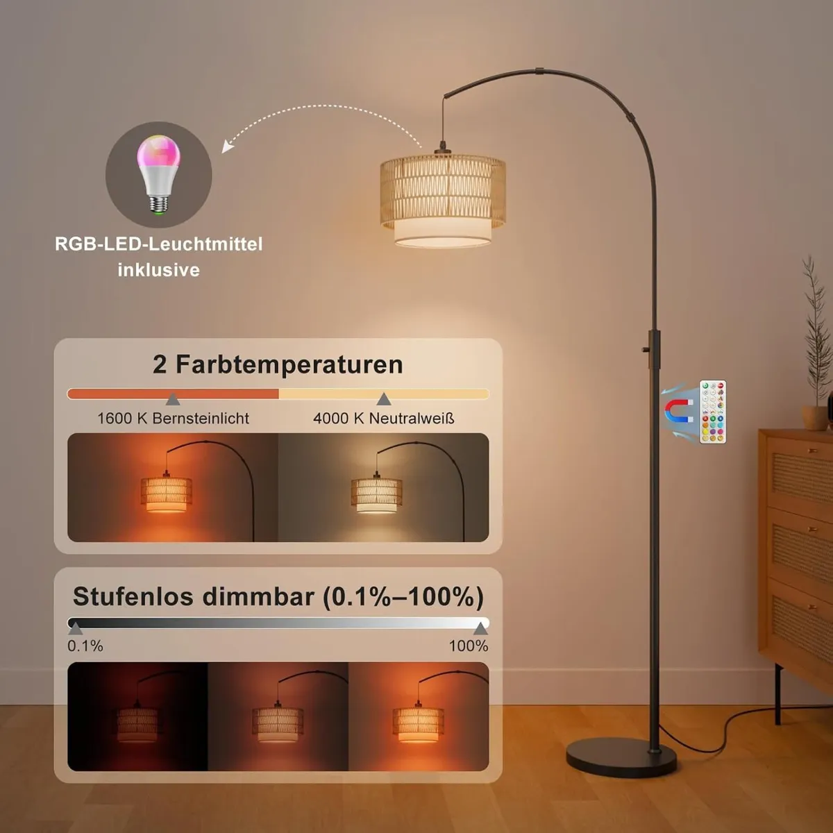 Boho Rattan Arc Floor Lamp 180CM RGB - Image 3