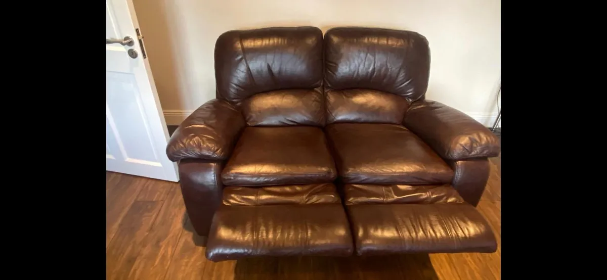 2 Seater Reclining Sofa - Brown Leather - Image 2