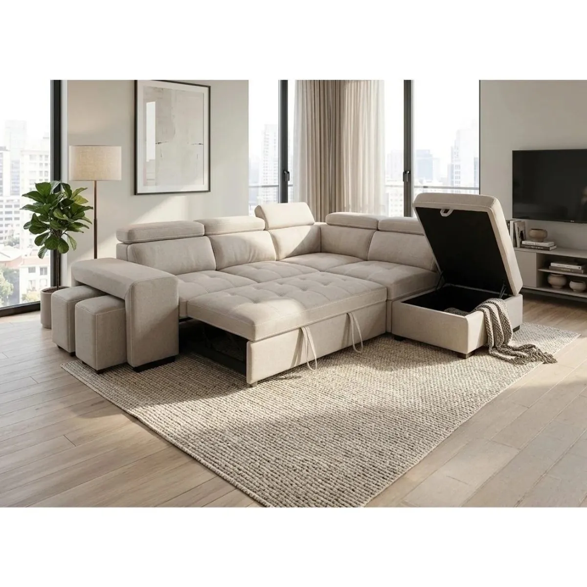 🤎 Beige Corner Sofa Bed + Storage + Footstool - Image 1