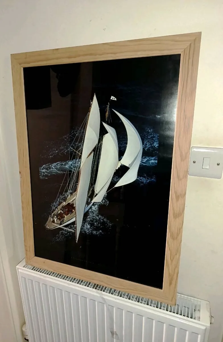 Large sailing boat picture in wooden frame