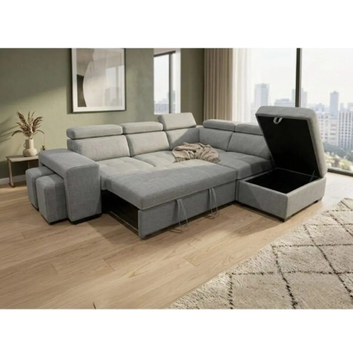 🤎 Grey Corner Sofa Bed + Storage + Footstool - Image 1