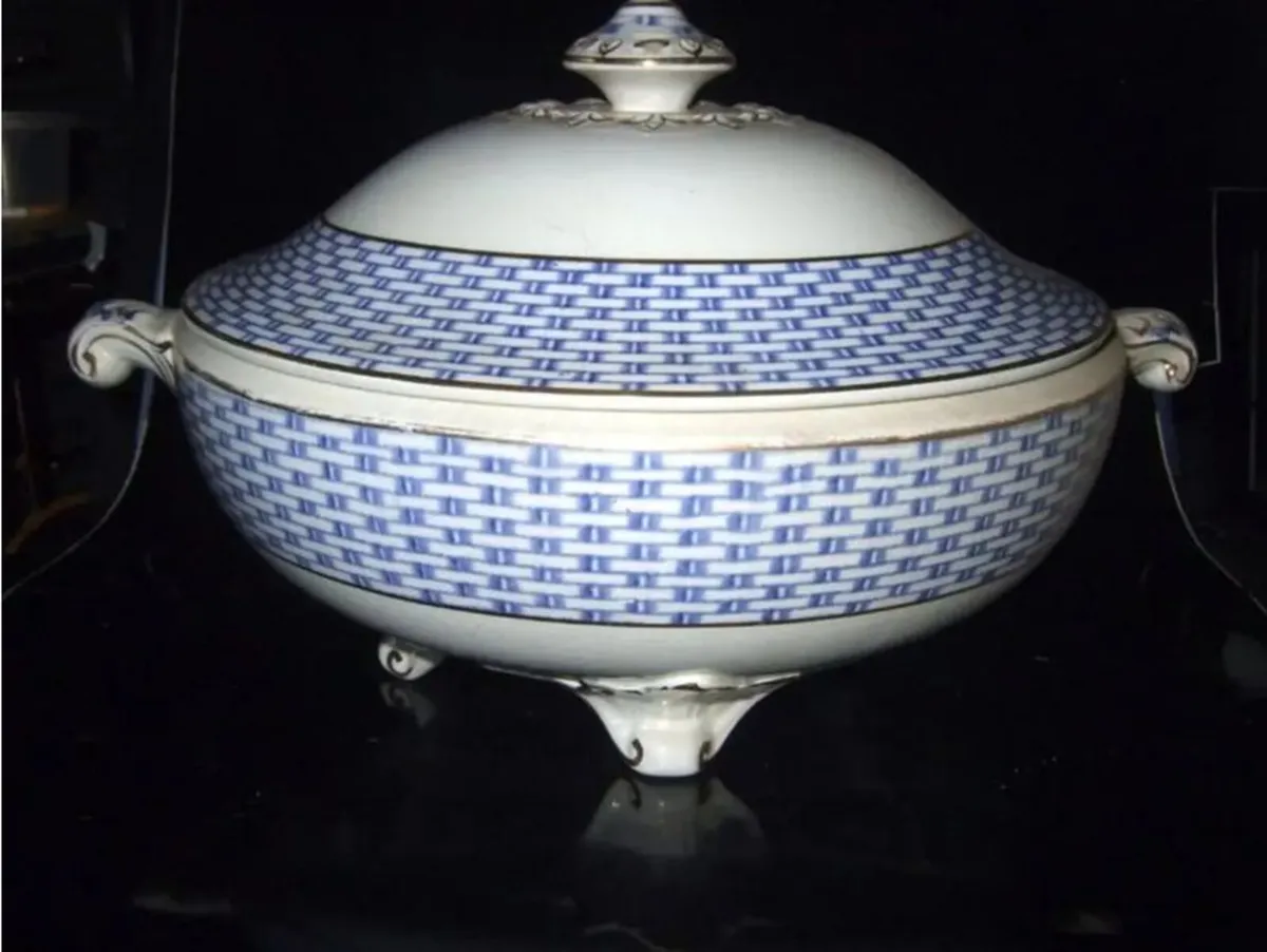 Antique Soho Pottery "Montauban" Blue Basket-Weave - Image 2