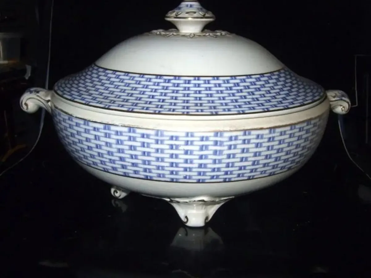 Antique Soho Pottery "Montauban" Blue Basket-Weave - Image 1