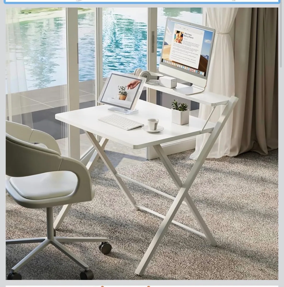 White Folding Desk with Raised Shelf - Image 1