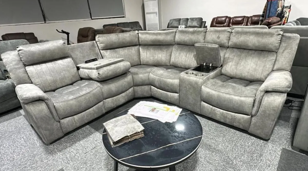 Bruno Grey & Sand Fabric Recliner Sofa - Image 3
