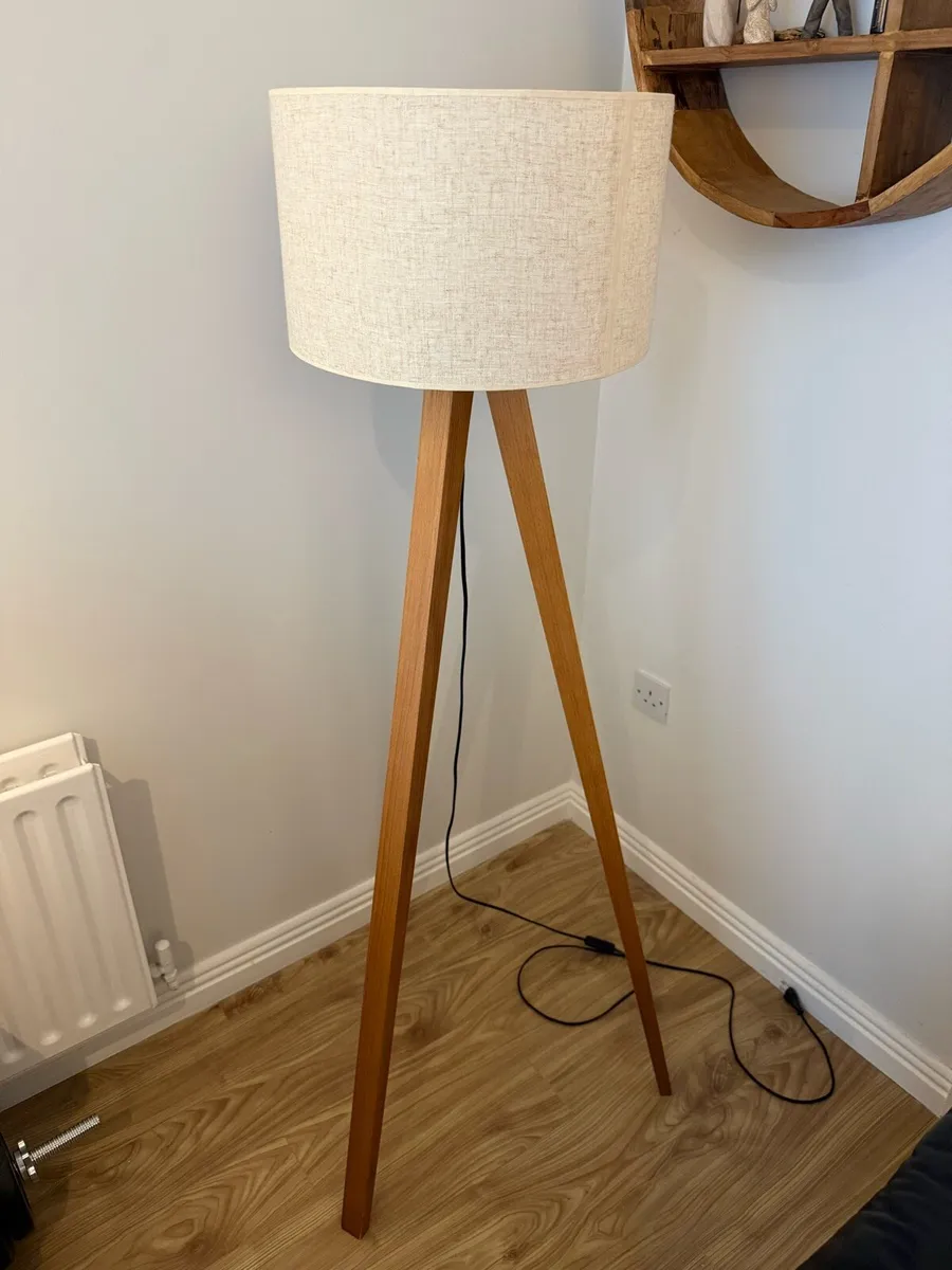 Tripod Floor Lamp – Natural Wood & Cream Shade - Image 1