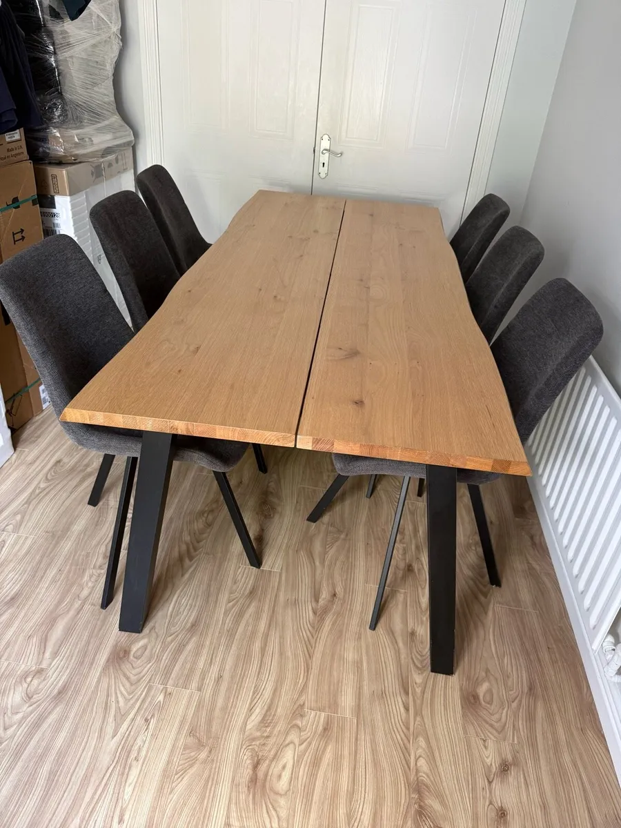 Oak Dining Table & 6 Grey Dining Chairs Full Set - Image 1