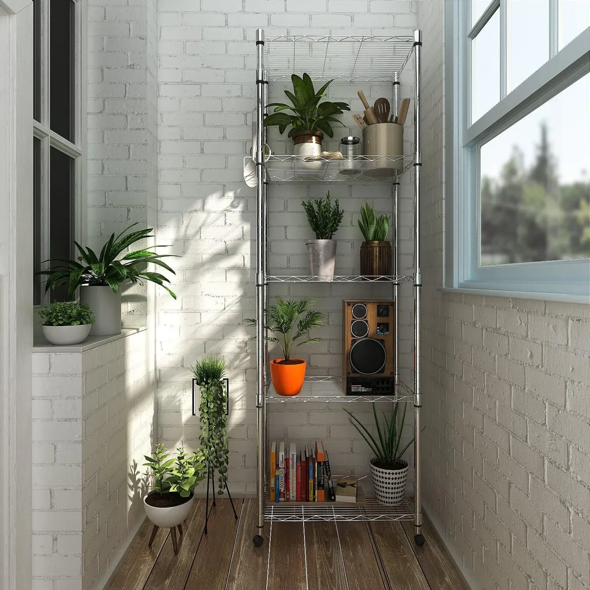 5-Tier Wire Shelving Unit on Wheels Chrome 59W - Image 2