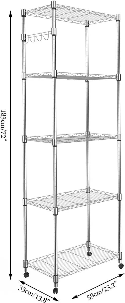 5-Tier Wire Shelving Unit on Wheels Chrome 59W - Image 3