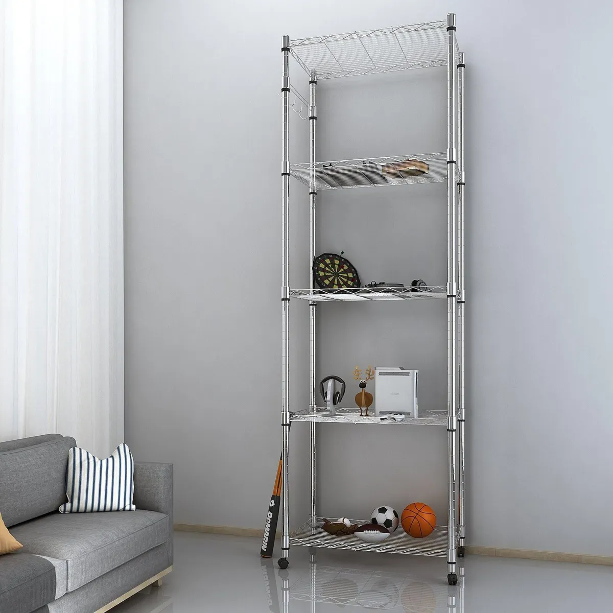 5-Tier Wire Shelving Unit on Wheels Chrome 59W - Image 4