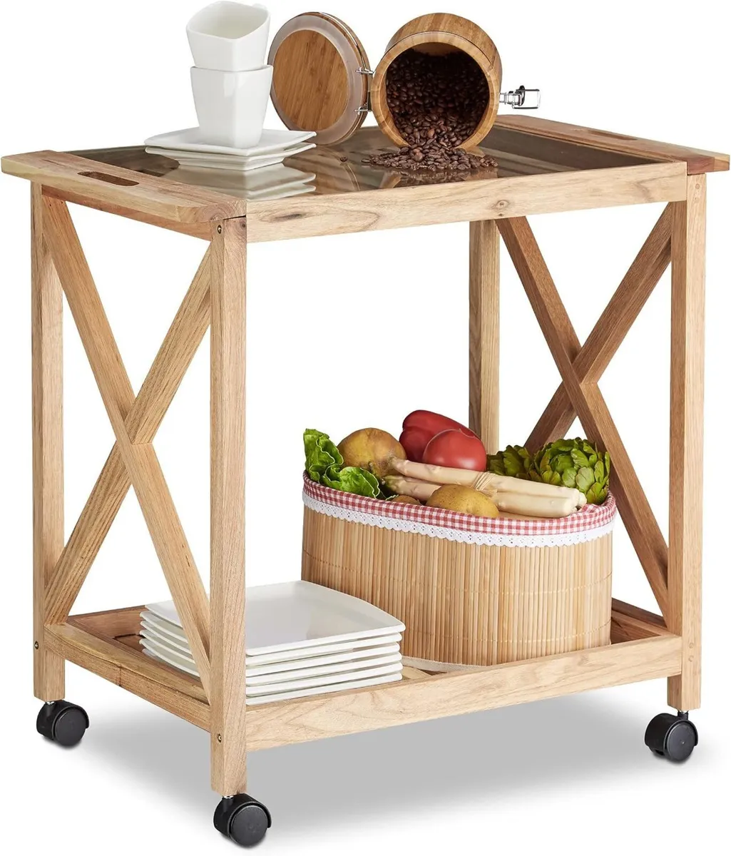Wooden Kitchen Cart with Wheels Serving Trolley - Image 1