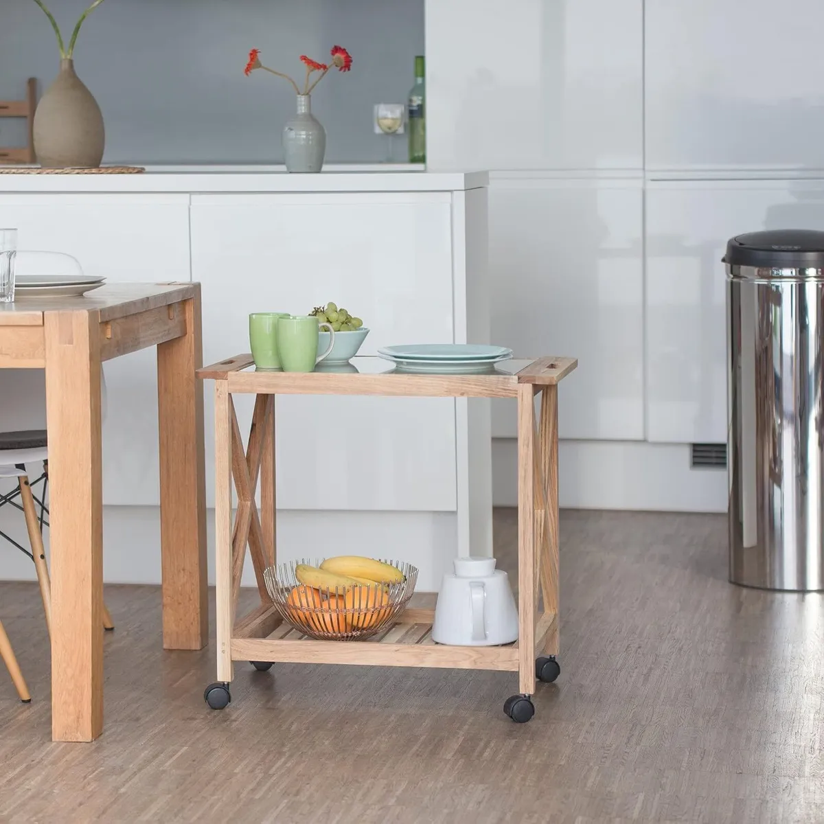 Wooden Kitchen Cart with Wheels Serving Trolley - Image 2
