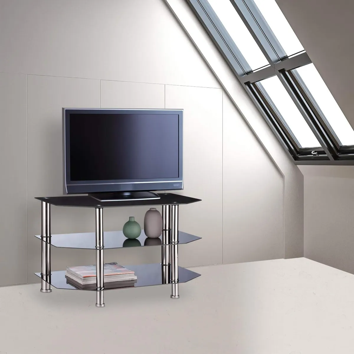 Glass TV Stand 3 Tempered Shelves Rubber Feet - Image 2