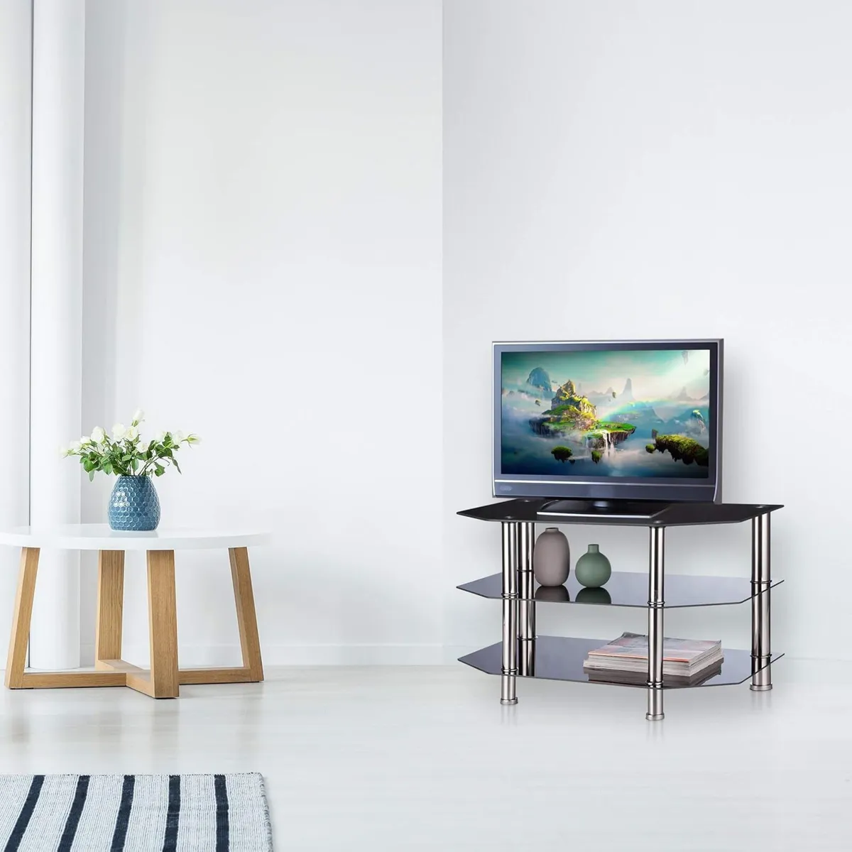 Glass TV Stand 3 Tempered Shelves Rubber Feet - Image 3