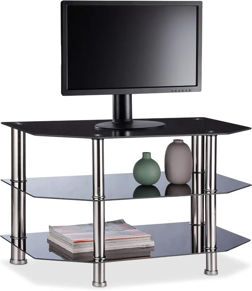 Glass TV Stand 3 Tempered Shelves Rubber Feet - Image 1