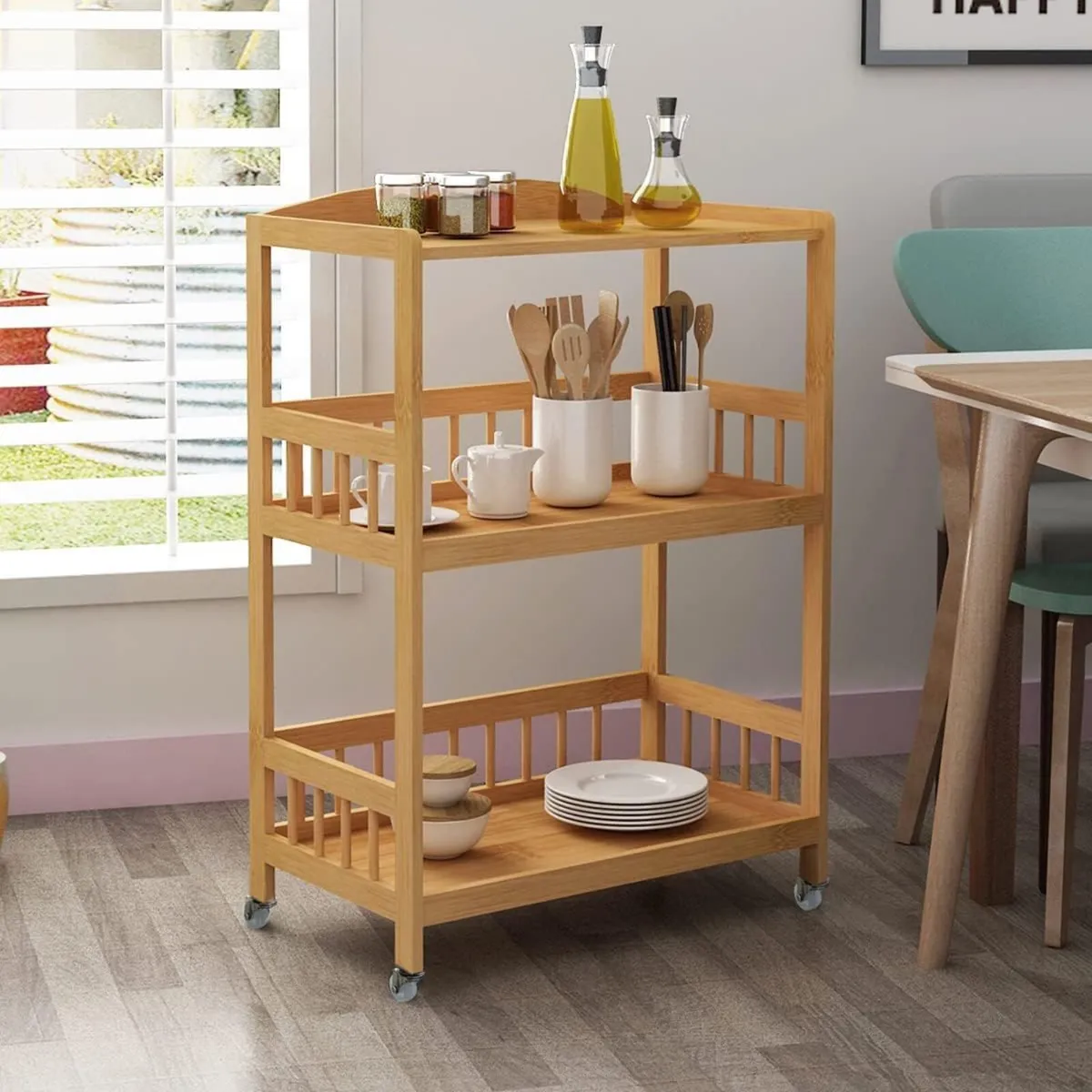 Ks- Kitchen Trolley Storage Serving Bamboo Cart - Image 1