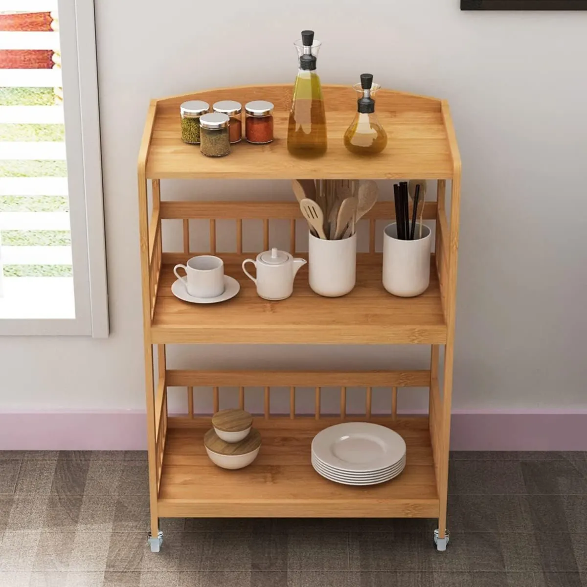 Ks- Kitchen Trolley Storage Serving Bamboo Cart - Image 3