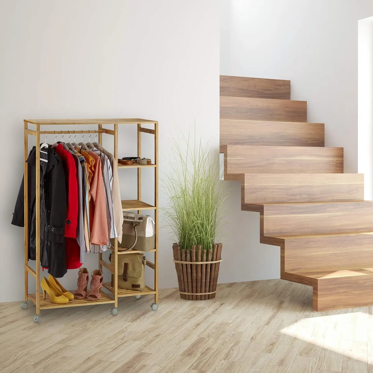 Bamboo Rolling Coat Stand 6 Tiers Open Garment - Image 3