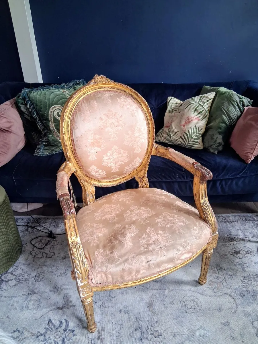 19th century barroque style salon chair and stool. - Image 1