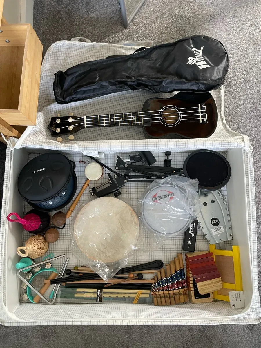 Box of Various Musical Instruments and Equipment