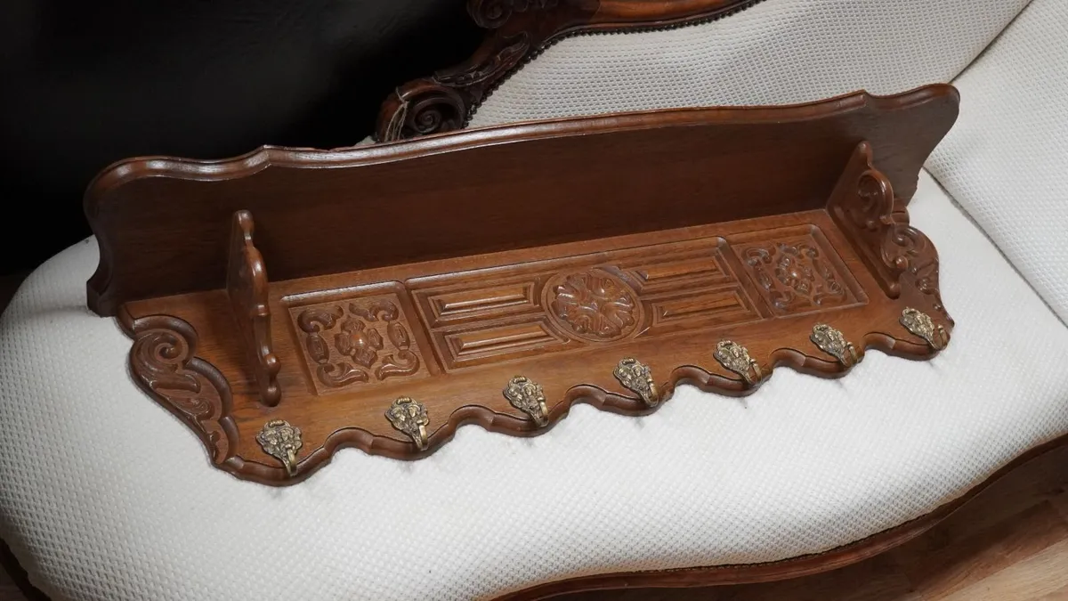 French Carved Oak Wall Coat Rack - Image 1
