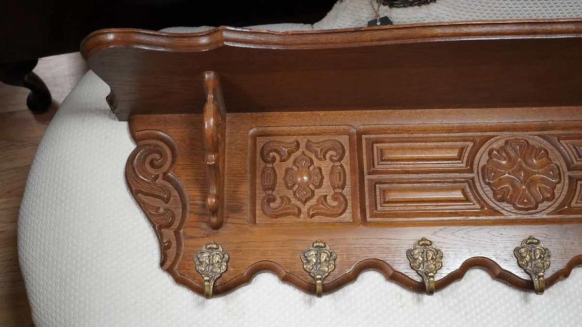 French Carved Oak Wall Coat Rack - Image 2
