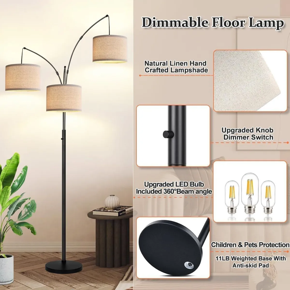 Floor Lamp 3 Lights Arc 80-In Tall Standing - Image 4