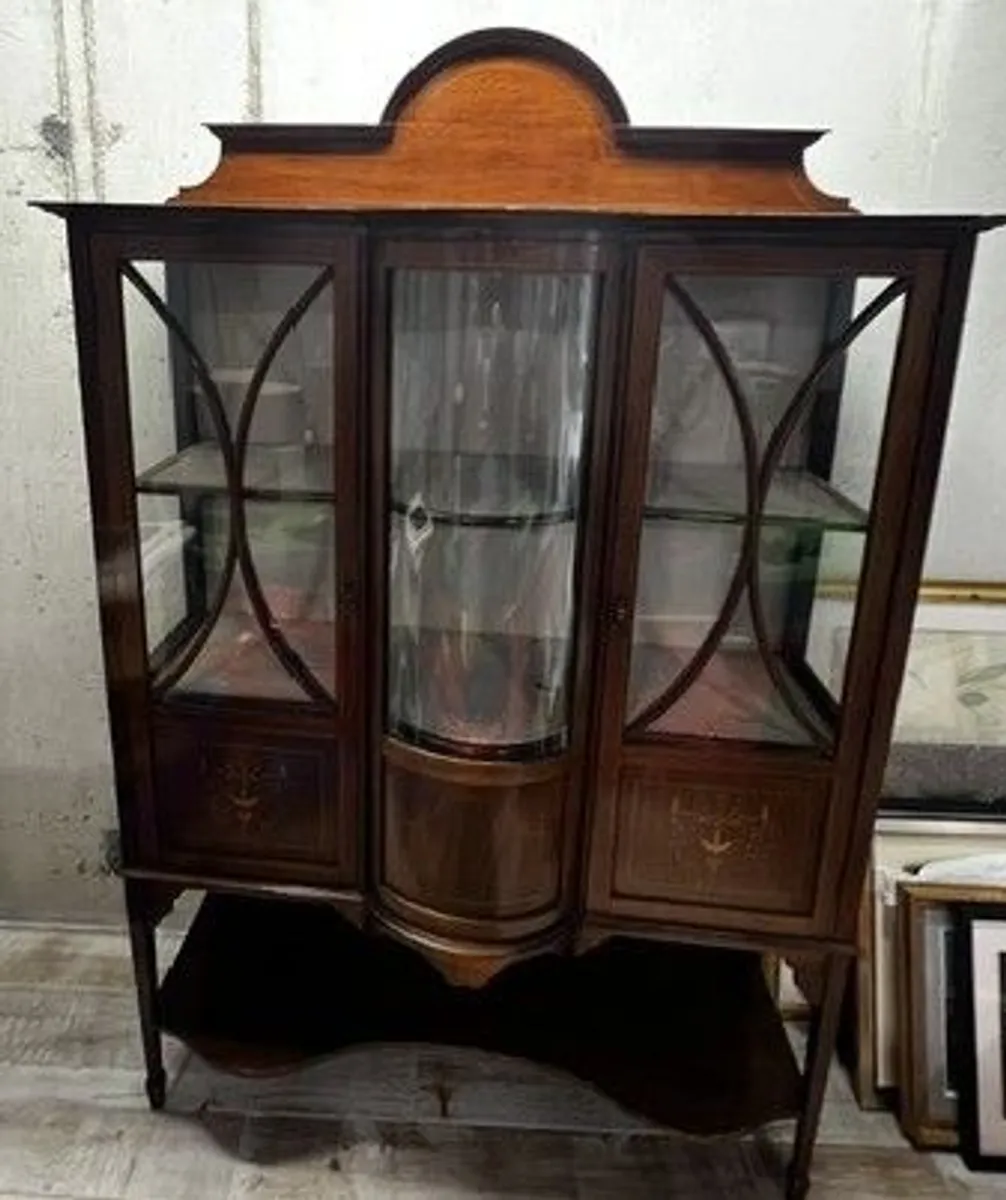 English Edwardian Sheraton Revival Inlaid Mahogany China Cabinet, Circa 1895 - Image 1